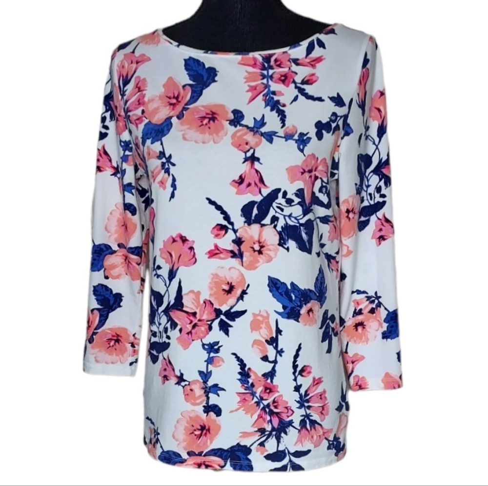 Talbots Floral Pima Cotton 3/4 Sleeve Top Size Small